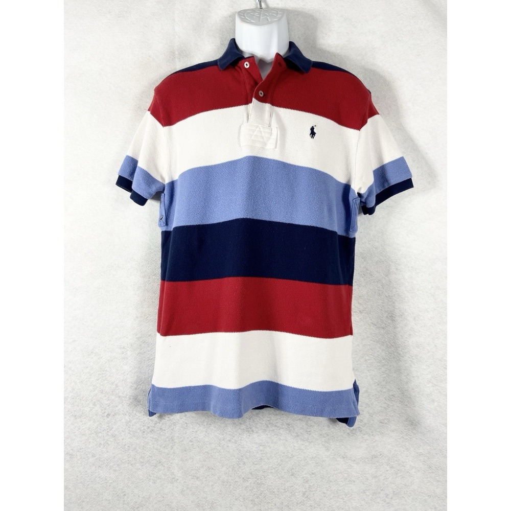 Vintage Polo Ralph Lauren Polo Shirt Men's Medium White Blue Rugby Short Sleeve